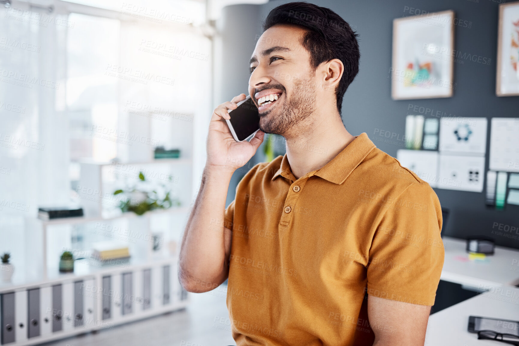 Buy stock photo Office phone call, happy or business man talking, speaking on networking conversation with communication contact. Professional, happiness or consulting person smile on mobile smartphone discussion