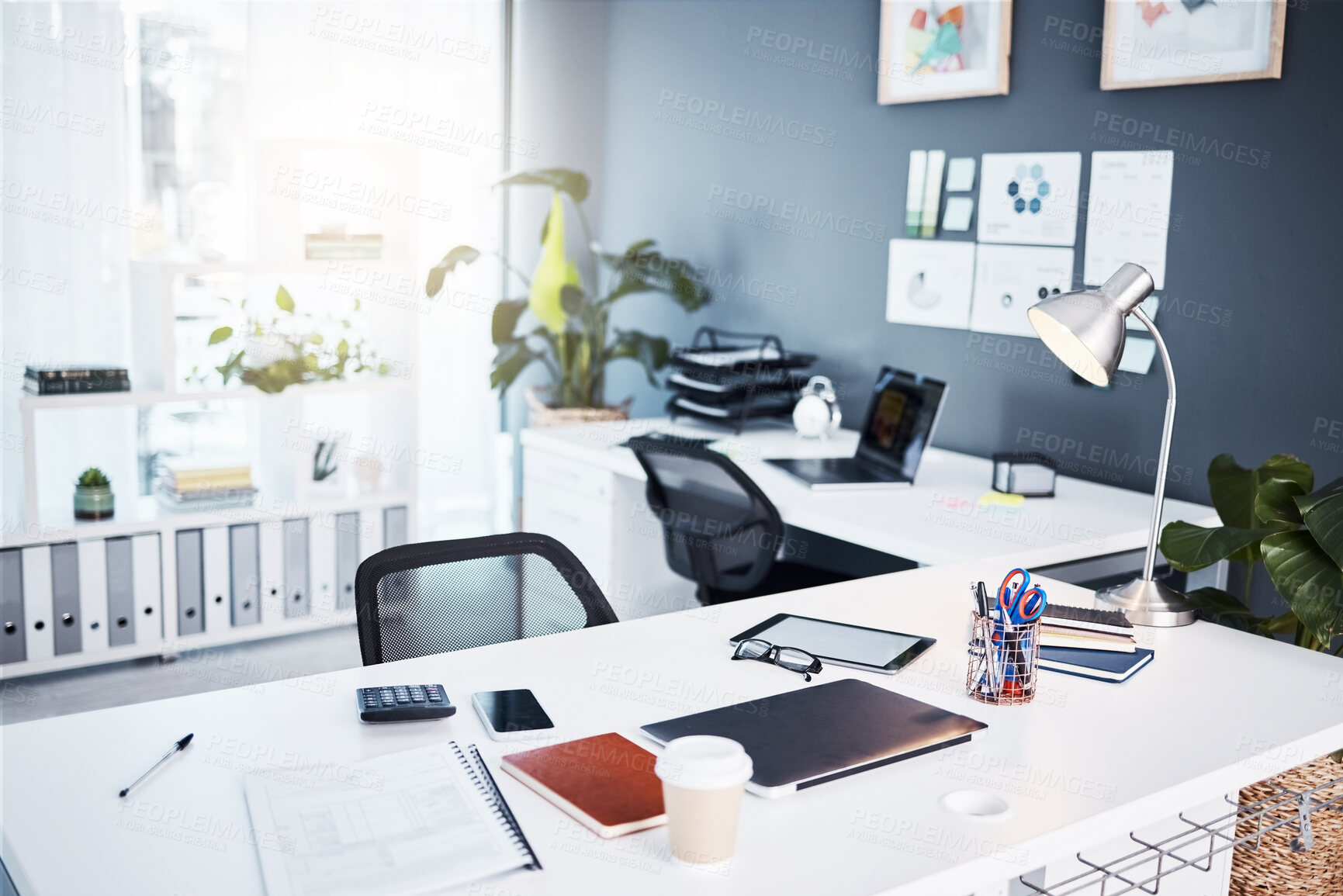 Buy stock photo Empty office, interior and business with table, professional layout and desk in startup agency. Background of modern workplace, building and furniture in company, workspace and setup in bright room