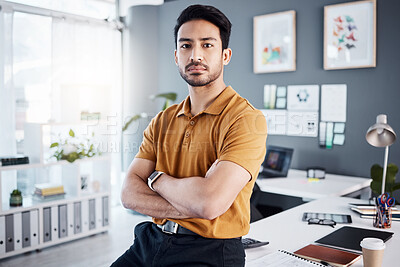 Buy stock photo Serious portrait, crossed arms or business man, designer or expert confidence in career, job or professional commitment. Agency pride, service vocation or Asian person with start up entrepreneurship