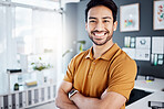 Portrait, crossed arms and happy business man, person or entrepreneur smiling for management, startup or mindset. Businessman, success and male agent with work happiness, mission or confidence