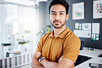 Office portrait, crossed arms and serious man, manager or startup CEO with career focus, commitment or mission. Professional, human resources and HR person with pride, entrepreneurship or confidence