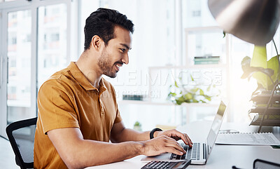 Buy stock photo Business, laptop and man typing, smile and planning for new project, productivity and upgrade website. Male employee, consultant and worker with technology, happiness and ideas with online reading