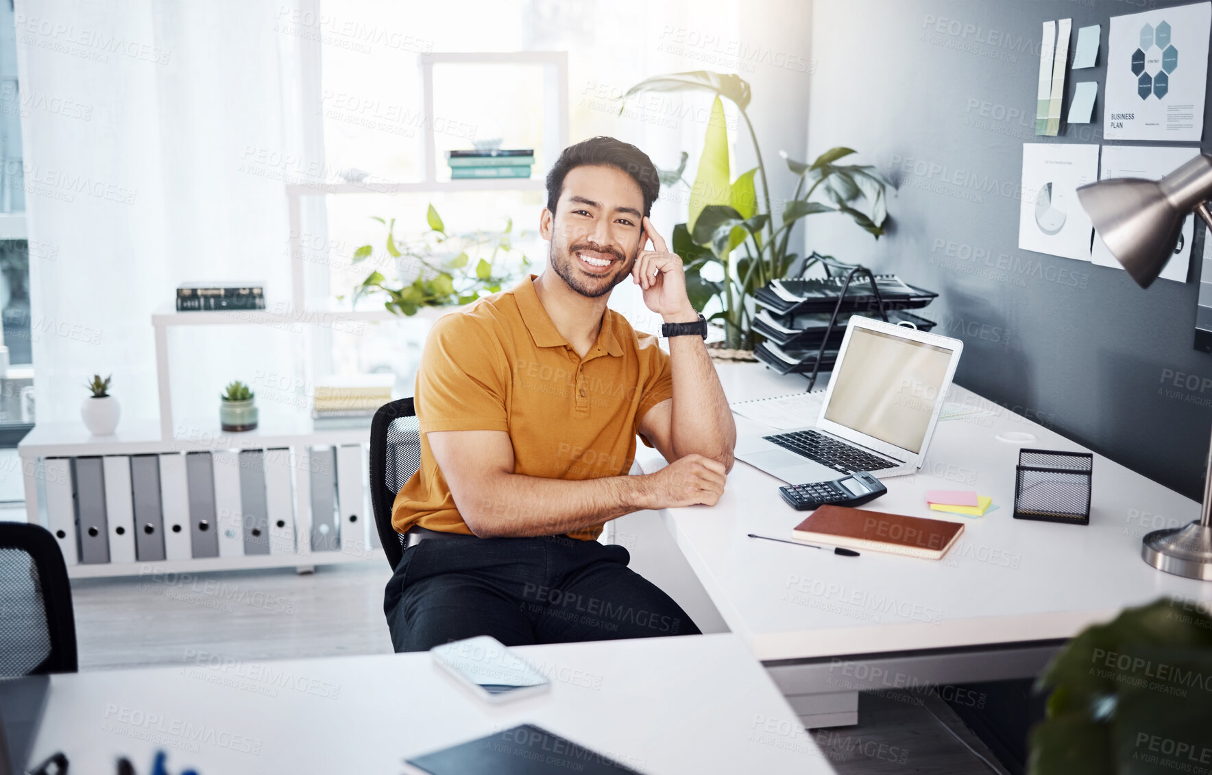 Buy stock photo Office portrait, employee smile and happy man, business worker or male agent relax after administration research. Management, bookkeeping or Asian accountant with confidence, career growth or success