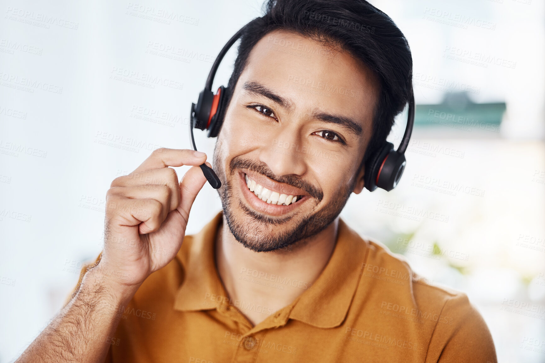 Buy stock photo Man with smile in portrait, call center and contact us with headset and microphone, CRM and help desk agent. Happy male consultant, communication and technology with customer service job and telecom