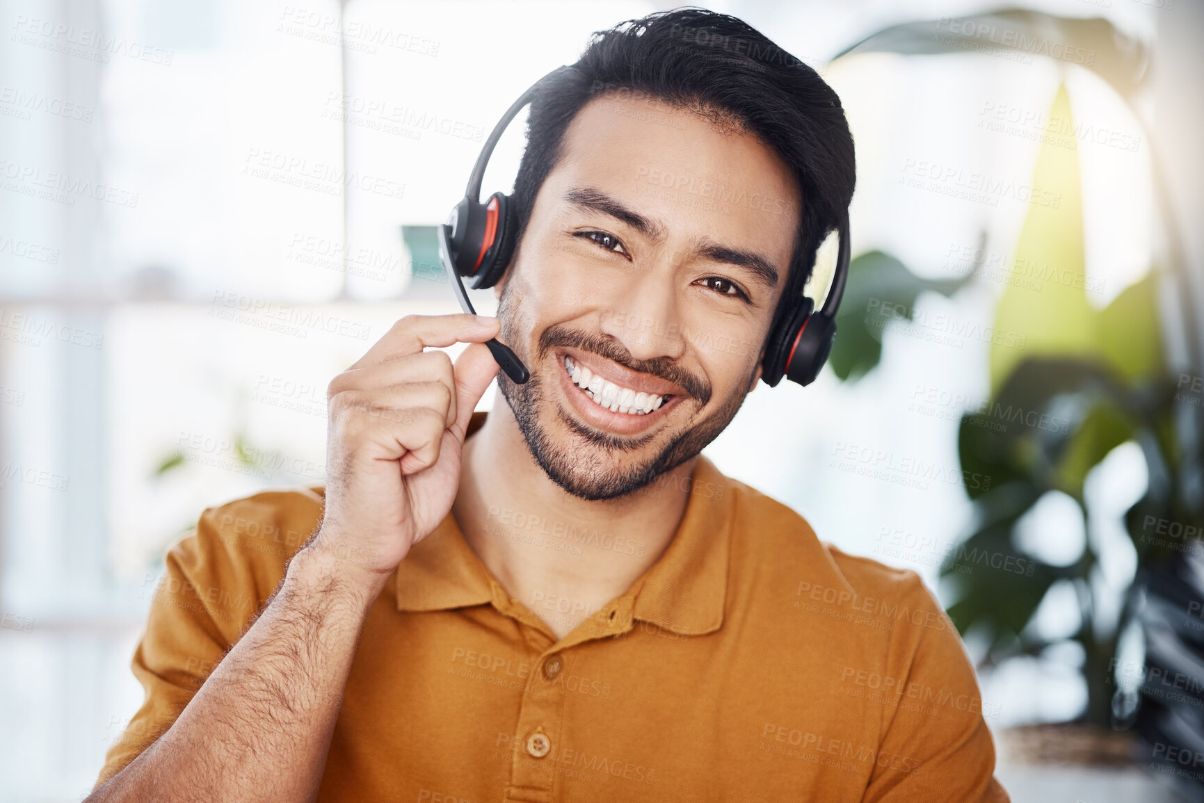 Buy stock photo Man with smile in portrait, call center employee and contact us with headset and microphone, CRM and help desk agent. Happy male consultant, communication and tech, customer service job and telecom