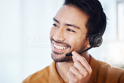 Buy stock photo Asian man, call center and smile with headphones for customer service, consulting or support at office. Happy male consultant or agent smiling in telemarketing with headset for online advice or help