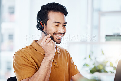 Buy stock photo Happy man with smile, callcenter and phone call with contact us, headset and microphone with CRM. Male consultant, communication and tech with customer service job, telecom and help desk agent