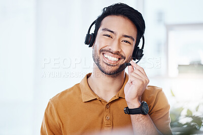 Buy stock photo Happy man with smile in portrait, call center and contact us with telecom, headset and microphone with CRM. Male consultant, communication and technology with customer service job and help desk agent