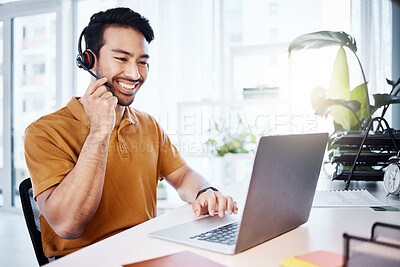 Buy stock photo Laptop, man and call center agent in the office doing research on a telemarketing crm strategy. Contact us, smile and male customer service consultant working on an online consultation with computer.