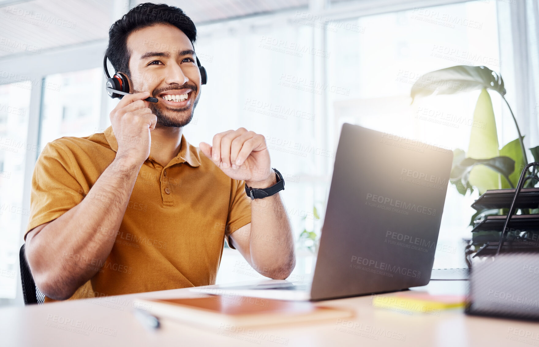 Buy stock photo Customer service headset, laptop or happy man talking on contact us CRM, telemarketing or online call center. Communication, technology or Asian consultant in telecom consulting for technical support