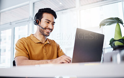 Buy stock photo Laptop, man and customer support consultant in office doing research on a crm strategy. Professional, smile and male call center or telemarketing agent working on an online consultation with computer