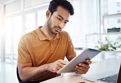 Buy stock photo Business man, office and tablet with reading, planning and typing touchscreen for search, seo or web design. Asian businessman, mobile ux designer or focus at workplace with app, strategy and website