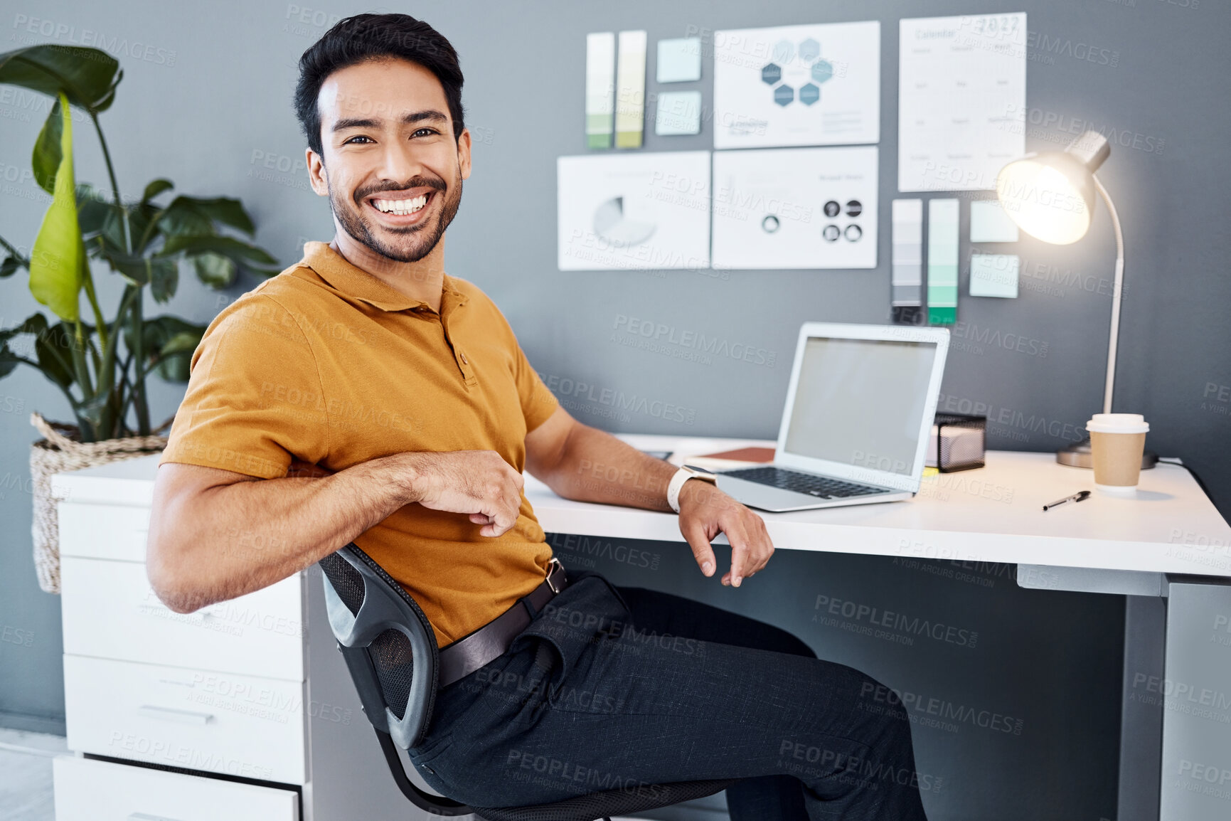 Buy stock photo Portrait, workplace smile or happy man, business employee or male agent relax after for creative research. Web designer, SEO success or person with confidence, career growth or done with UX webdesign