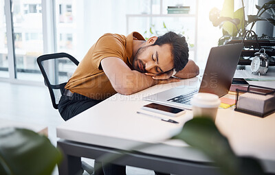 Buy stock photo Tired, business man and sleeping at desk in office with burnout risk, stress problem and nap for low energy. Fatigue, lazy and depressed male employee with anxiety, overworked and bored in workplace