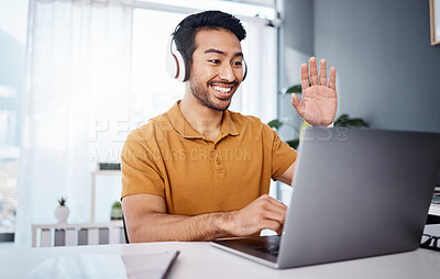 Buy stock photo Headphones, laptop and man on video call, webinar or virtual meeting, talking and online in work from home office. Happy Asian person waves hello on his computer pc in client chat for tech business