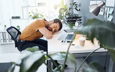 Buy stock photo Business man, sleeping and tired at desk in office with burnout, exhausted and overworked at startup. Businessman, rest and sleep at job, workplace or company with fatigue at table for stress problem