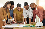 Teamwork, architecture and business people with blueprint for planning, discussion and engineering design. Collaboration, construction and men and women with illustration, floor plan and paperwork