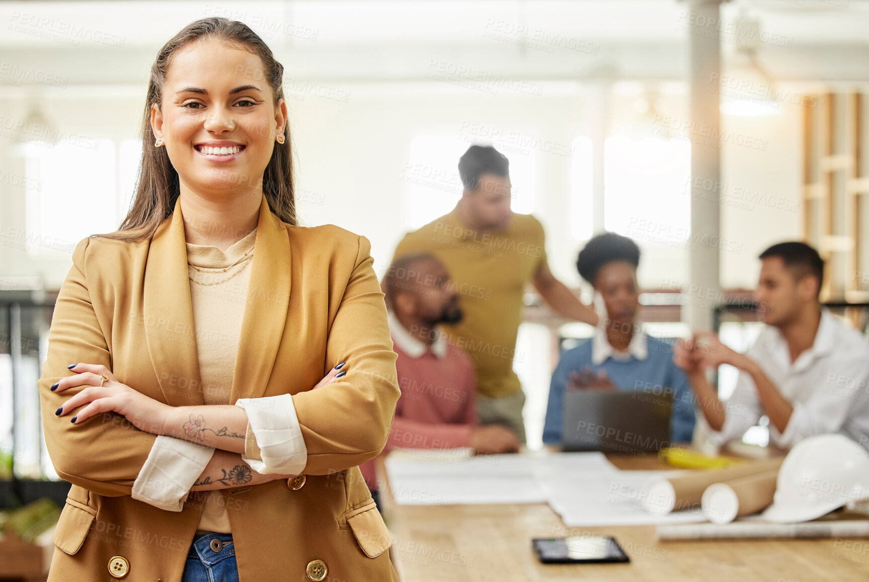 Buy stock photo Smile, business and arms crossed with portrait of woman in meeting for planning, leadership and project management. Creative, training and strategy with employee in office for workshop and teamwork