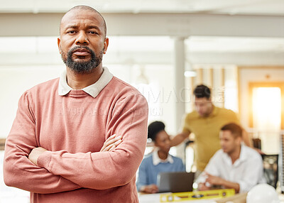 Buy stock photo Serious, business and arms crossed with portrait of black man in meeting for planning, leadership and mentor. Creative, training and strategy with employee in office for workshop and teamwork