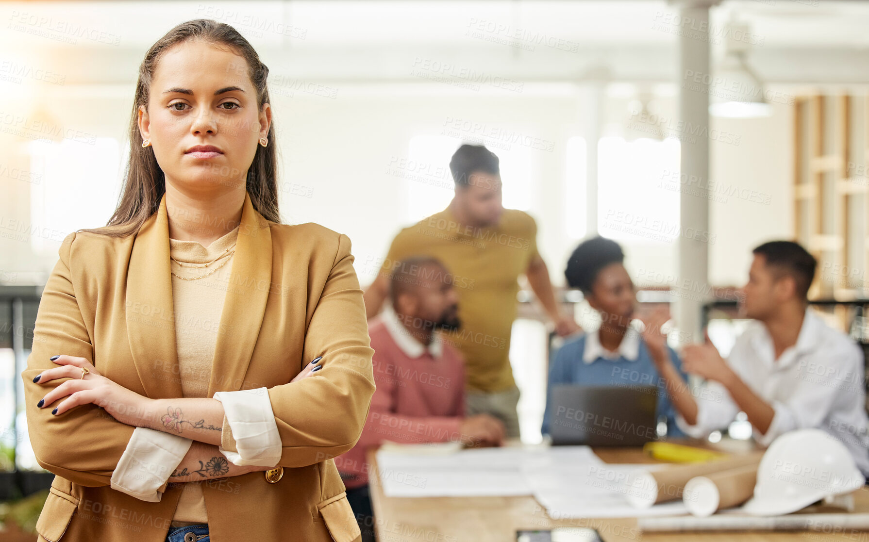 Buy stock photo Serious, business and arms crossed with portrait of woman in meeting for planning, leadership and project management. Creative, training and face of employee in office for teamwork and workshop