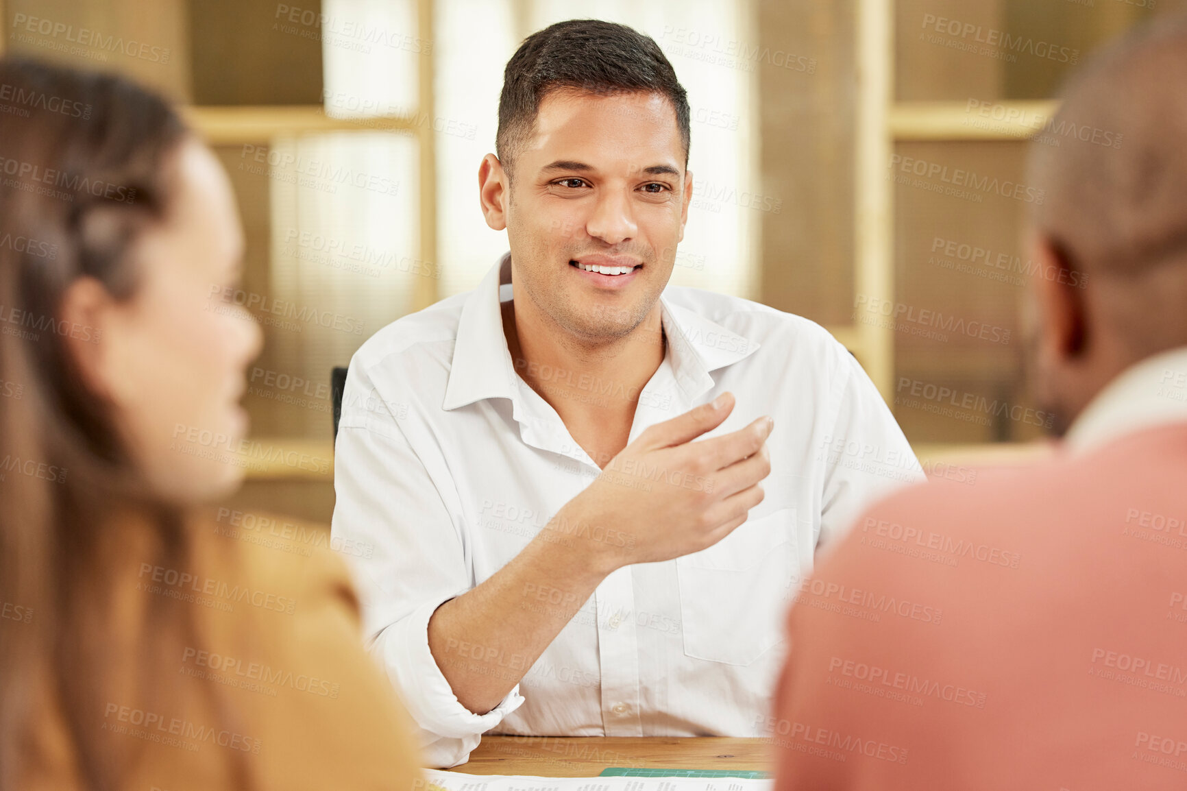 Buy stock photo Business man, teamwork and meeting with employees in office for planning, discussion and management. Happy male worker talking to group for collaboration, conversation and startup project proposal 