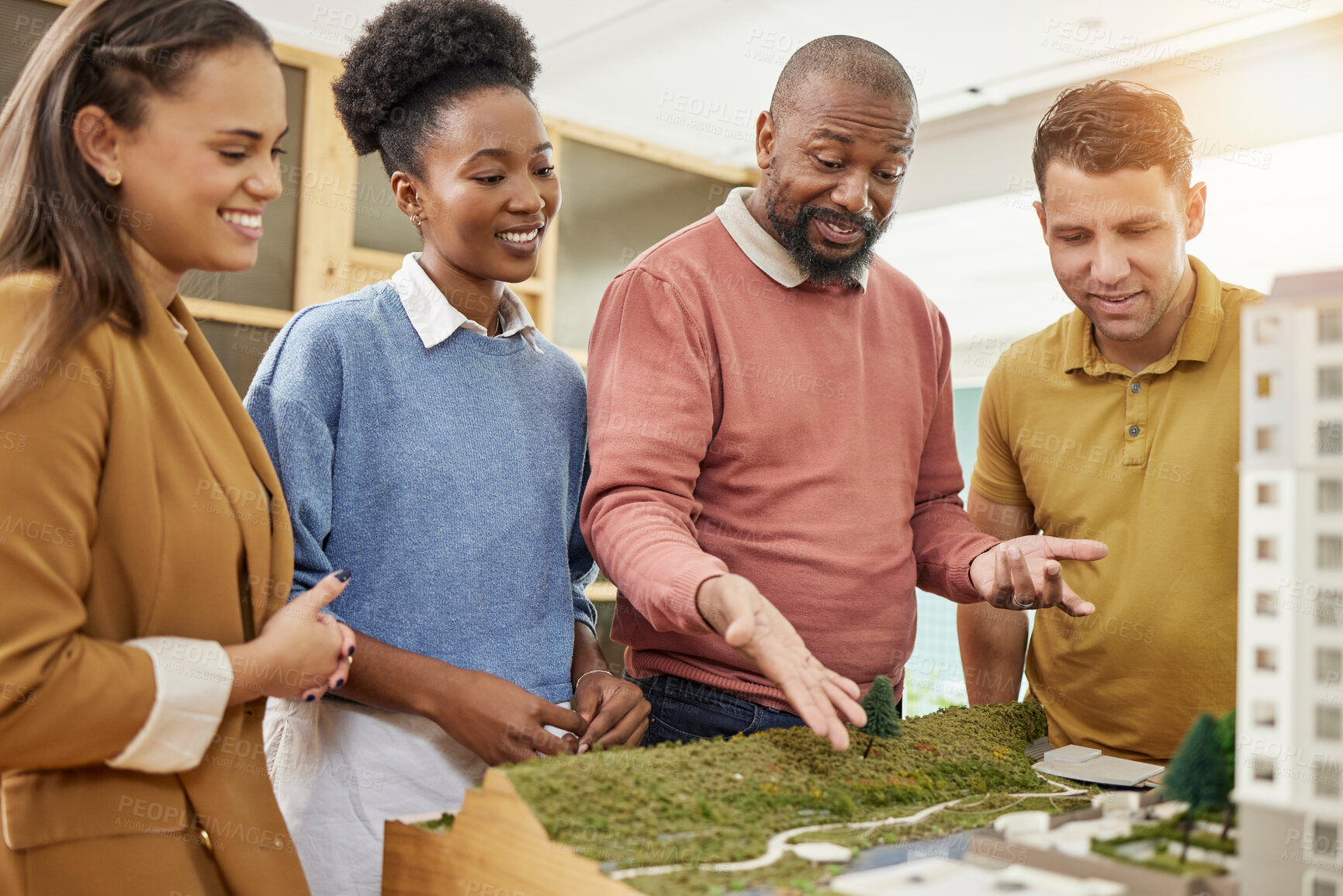 Buy stock photo Architect team, talk and city model in office for construction planning, development or strategy. Black man, women and architecture teamwork with 3d illustration of buildings, property and discussion