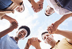 Holding hands, prayer circle and business people with support, faith and diversity in low angle by sky. Men, woman and praying for worship, gratitude and progress of business with solidarity at job