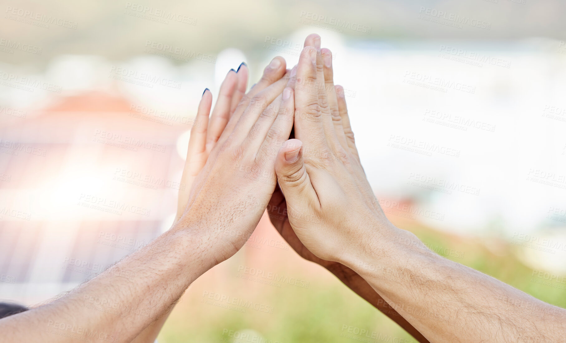 Buy stock photo People, group and high five hands for support, solidarity and teamwork of success, agreement and trust. Closeup, partnership and collaboration of community celebration, motivation and winning goals