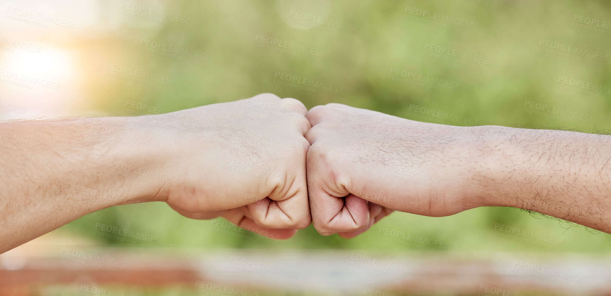 Buy stock photo Closeup of people, hands and fist bump for success, teamwork and greeting outdoors. Friends, community and bumping hand for collaboration, motivation and trust of solidarity, support and cooperation