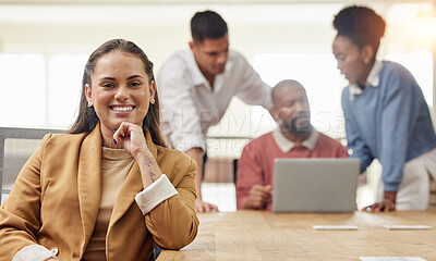 Buy stock photo Happy, confidence and portrait of a businesswoman in a meeting in the conference room of the office. Leadership, smile and professional female manager working on a project with employees in workplace