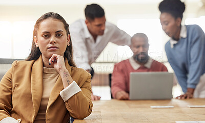 Buy stock photo Leadership, business and portrait of woman in office for planning, project management and mindset. Mission, professional and development with employee in meeting for corporate, motivation and manager