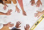 Blueprint, architecture and hands of people drawing for planning, floor plan and engineering design. Teamwork, construction and above of men and women for illustration, meeting and building ideas