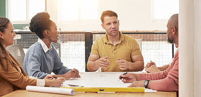 Buy stock photo Architecture, engineering and business people in meeting for planning, discussion and building design. Collaboration, construction team and men and women talking with blueprint, floor plan and papers