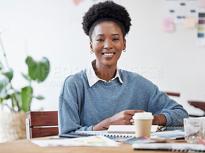 Buy stock photo Business, woman and portrait of a copywriting employee with happiness and smile. Document, African and black female person and young happy face of a creative writer worker ready for office working