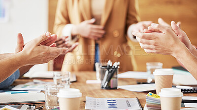 Buy stock photo Hands, winning and people clapping for success in a meeting or presentation of a business or company. Teamwork, celebration and group or winner corporate team, staff or workforce at a startup