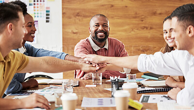 Buy stock photo Hands together, business people and portrait of meeting success and company collaboration. Conference room, happiness and smile of corporate administrator team with diversity support and teamwork
