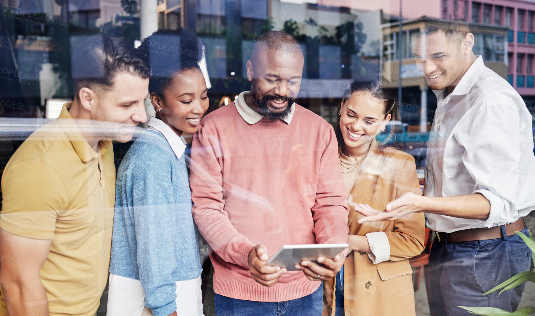 Buy stock photo Creative business people, tablet and meeting in collaboration, planning or strategy at the office. Happy group of employee designers working on technology in brainstorming or project plan for startup