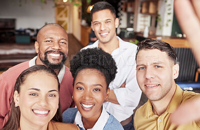 Buy stock photo Business people, portrait smile and selfie for social media, profile picture or team building at the office. Group of happy employee workers smiling for photo, memory or online vlog at the workplace