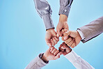 Fist bump, celebrate and business team hands winning together due to support, unity and teamwork a sky background. Friendship, happiness and group of corporate employees with a team building mission