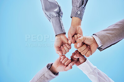 Buy stock photo Fist bump, celebrate and business team hands winning together due to support, unity and teamwork against a sky background. Friendship, below and group of corporate employees in a team building mockup