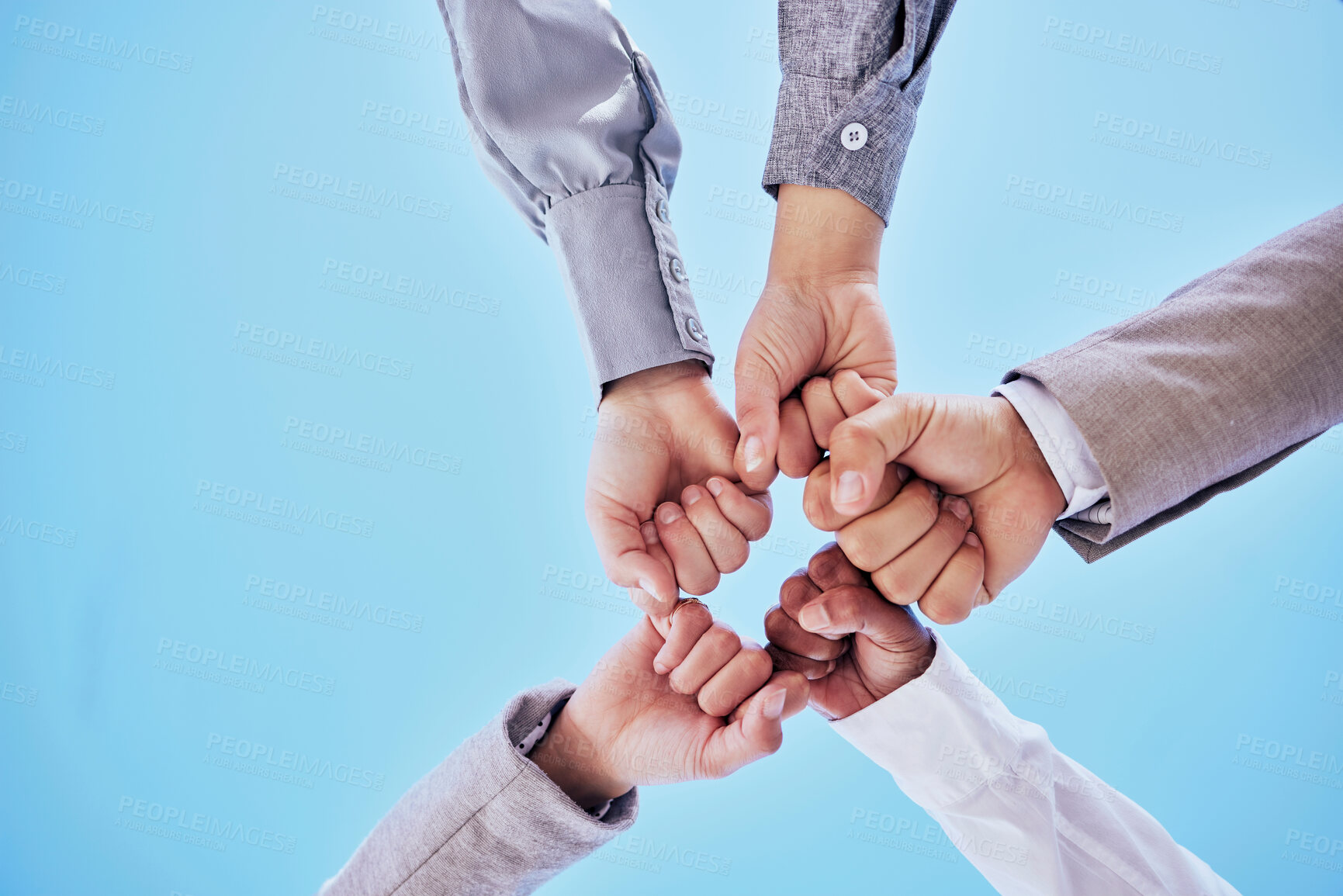 Buy stock photo Fist bump, celebrate and business team hands winning together due to support, unity and teamwork against a sky background. Friendship, below and group of corporate employees in a team building mockup