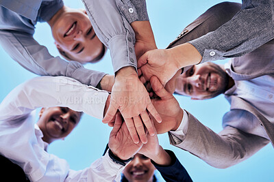 Buy stock photo Business people, hands together and teamwork in unity below blue sky for agreement or collaboration outdoors. Group of employee workers piling hand in team building, motivation or meeting for support