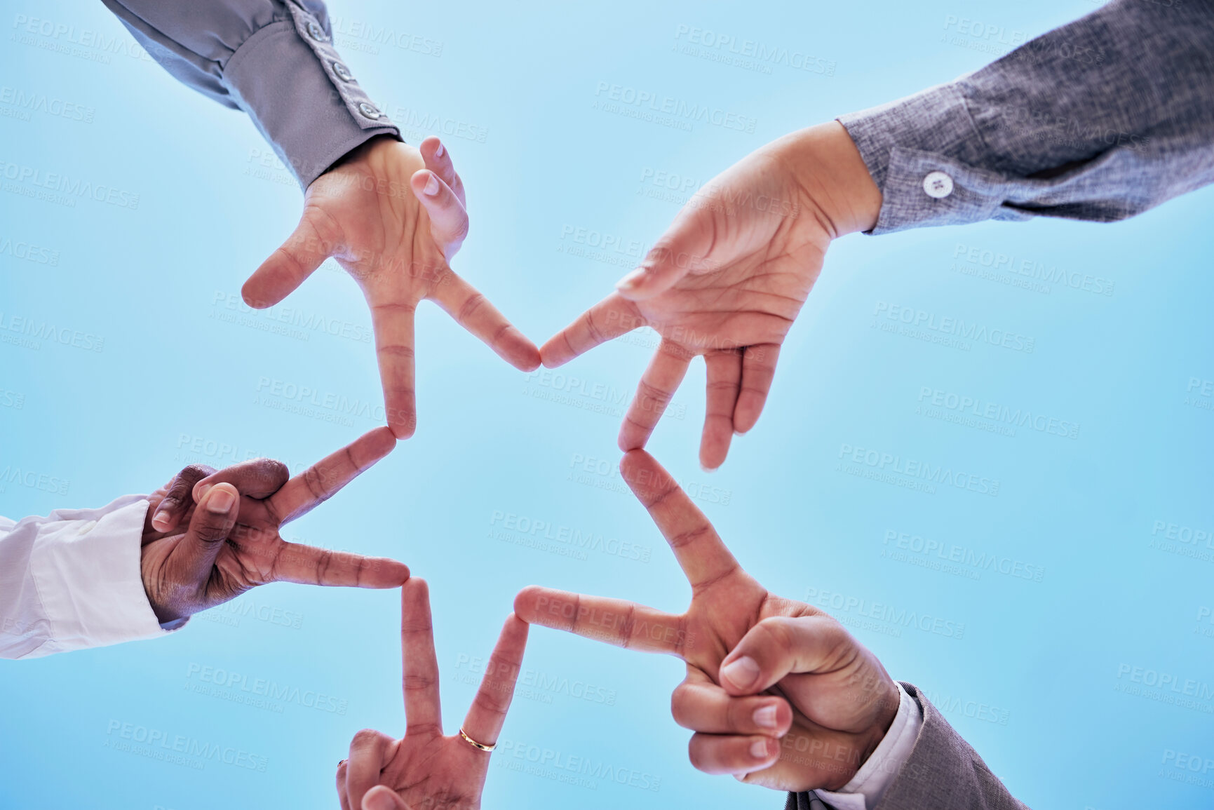 Buy stock photo Business people, peace and hands in team building and star shape for collaboration or trust below blue sky. Hand of group touching fingers for sign, huddle or support in teamwork, solidarity or unity