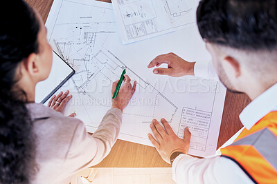Buy stock photo Architecture, planning and blueprint with top view of people for project management, drawing and engineering. Floor plan, documents and teamwork with team of contractors for designer or construction