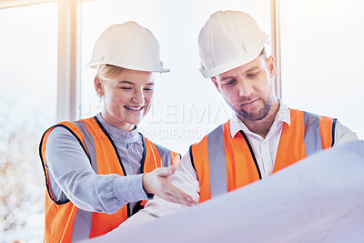 Buy stock photo Architect, teamwork and planning with blueprint for construction, idea or site project at the office. Man and woman contractors in team strategy for building, floor plan or architecture at workplace