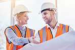 Business people, architect and planning with blueprint for construction, teamwork or site project at the office. Man and woman contractors in team strategy for building, floor plan or architecture