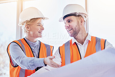 Buy stock photo Business people, architect and planning with blueprint for construction, teamwork or site project at the office. Man and woman contractors in team strategy for building, floor plan or architecture