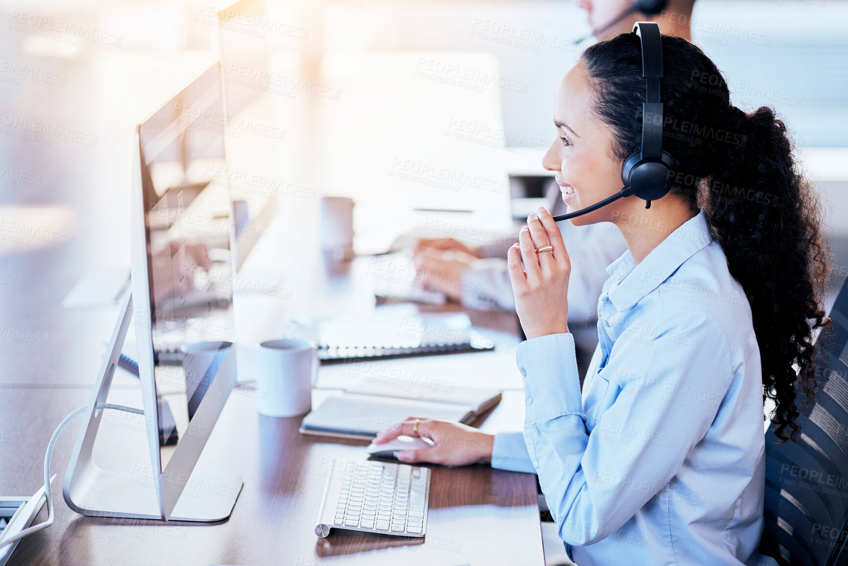Buy stock photo Call center, computer and consulting with woman in office for customer service, technical support or help desk. Telemarketing, contact us and communication with employee for legal advice and operator