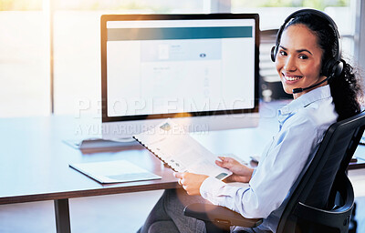 Buy stock photo Woman, call center or computer screen in portrait with smile, documents or happy crm, contact us or customer service. Consultant, paperwork or listen to voip for tech support, advice or telemarketing