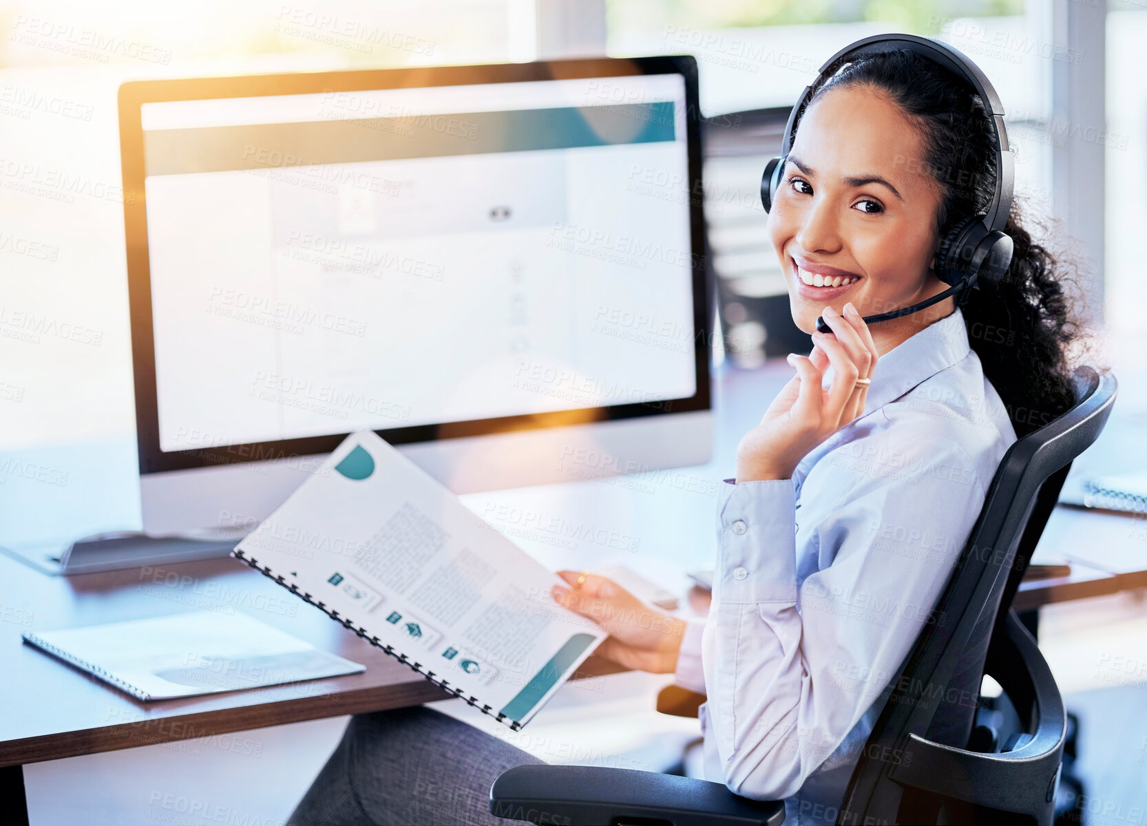 Buy stock photo Woman, call center and portrait with microphone, documents or happy for crm, contact or customer service. Consultant, paperwork and listen on voip call for tech support, advice or telemarketing job